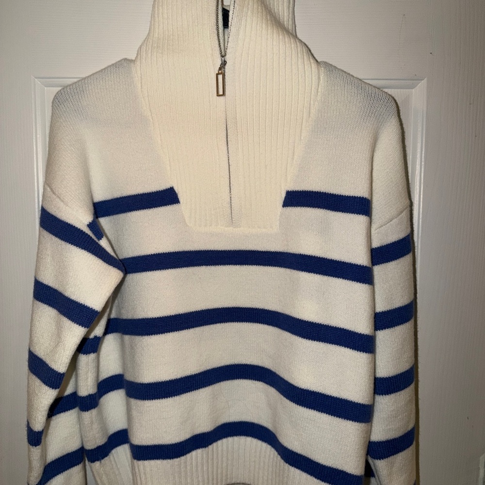 Cream and Royal Blue Striped Half-Zip Sweater